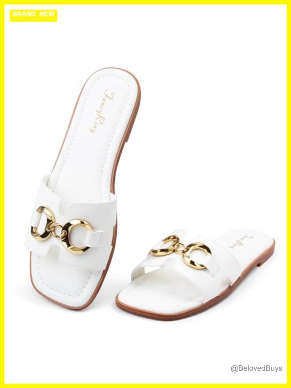 Women's Faux Leather Square Toe Flat Sandals with Metal Chain Slip On Dressy